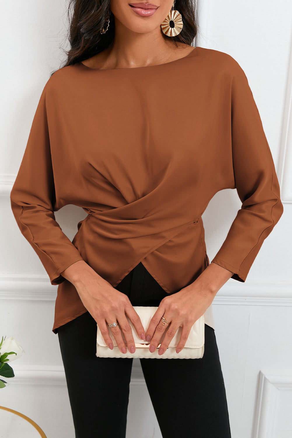Boat Neck Back Tie Long Sleeve Satin Blouse – Trendsi | ClozArt