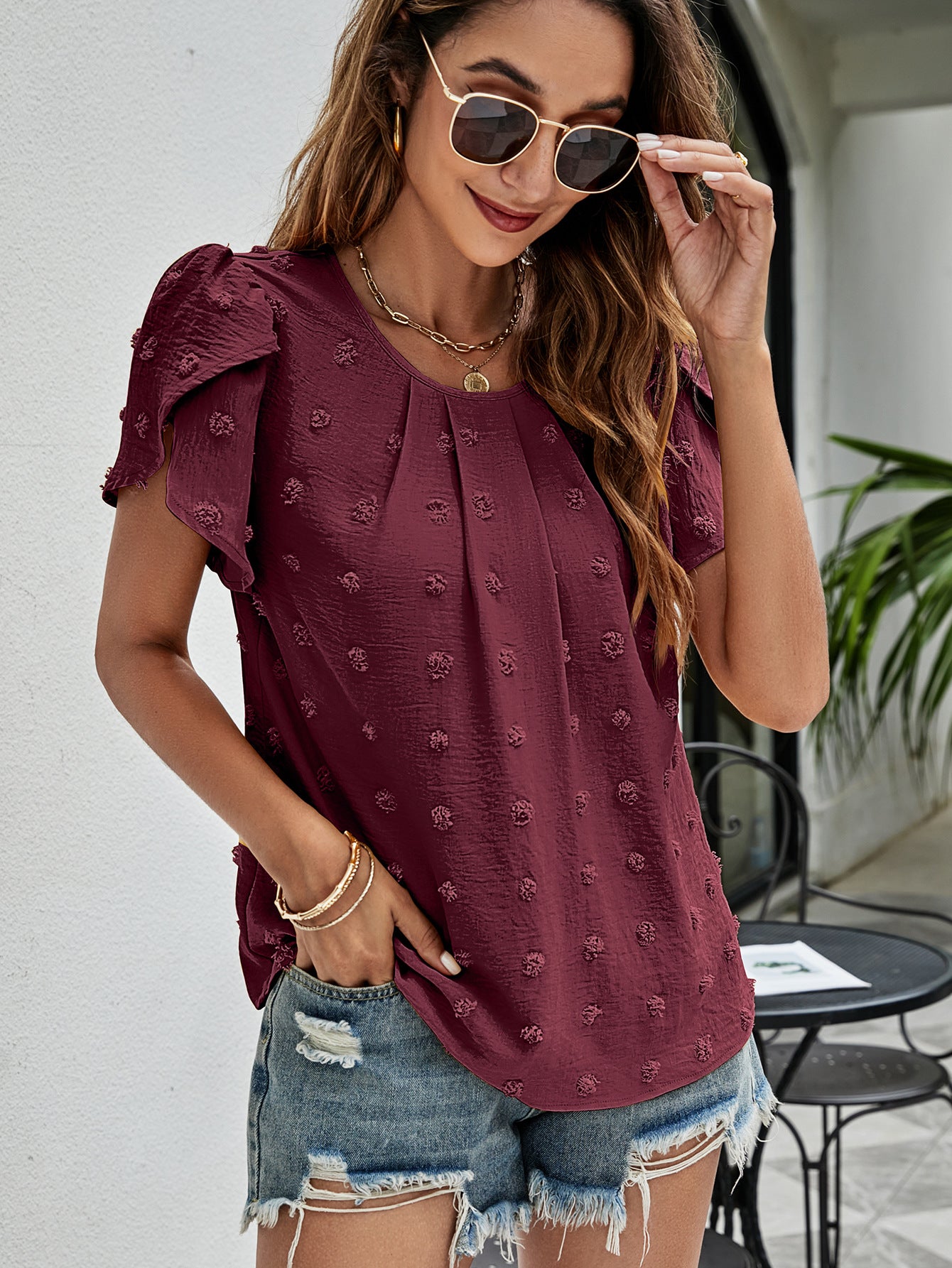 Swiss Dot Round Neck Petal Sleeve Top – Trendsi | ClozArt