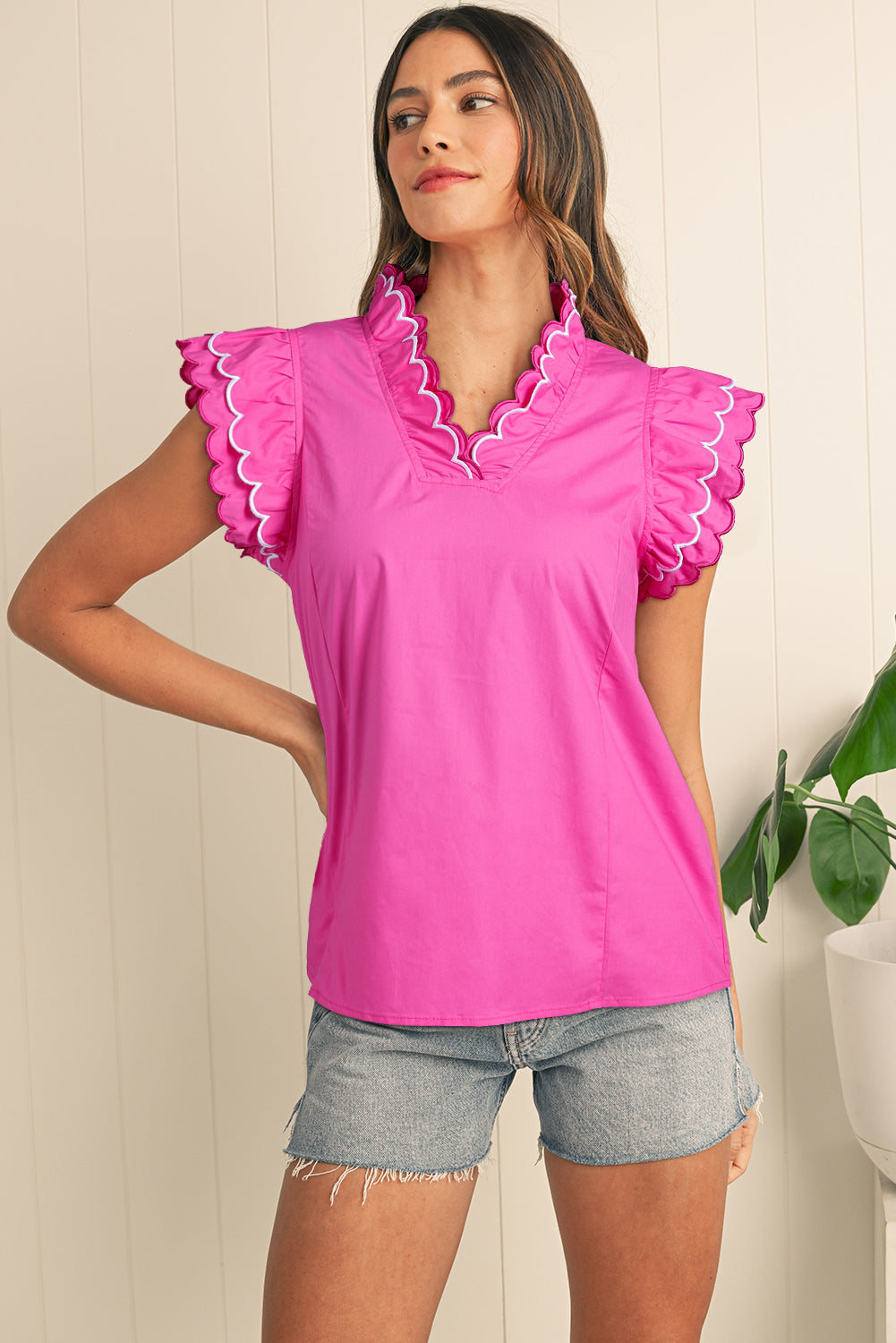 Bright Pink Scallop Trim V Neck Layered Short Sleeve Blouse – Shewin | ClozArt