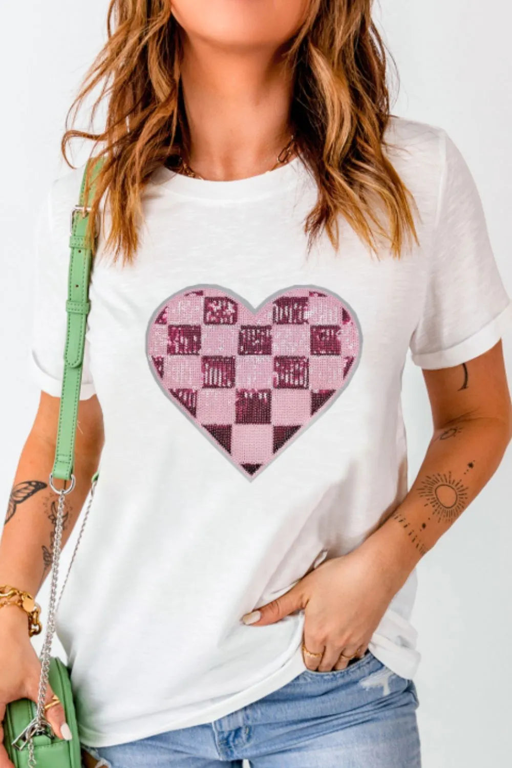 Sequin Checkered Heart Round Neck Short Sleeve T-Shirt – Trendsi | ClozArt