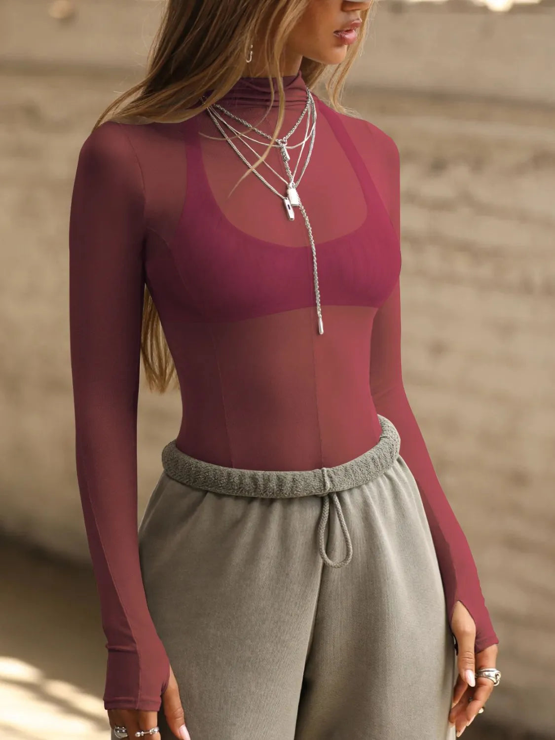 Mock Neck Long Sleeve Sheer Top – Trendsi | ClozArt