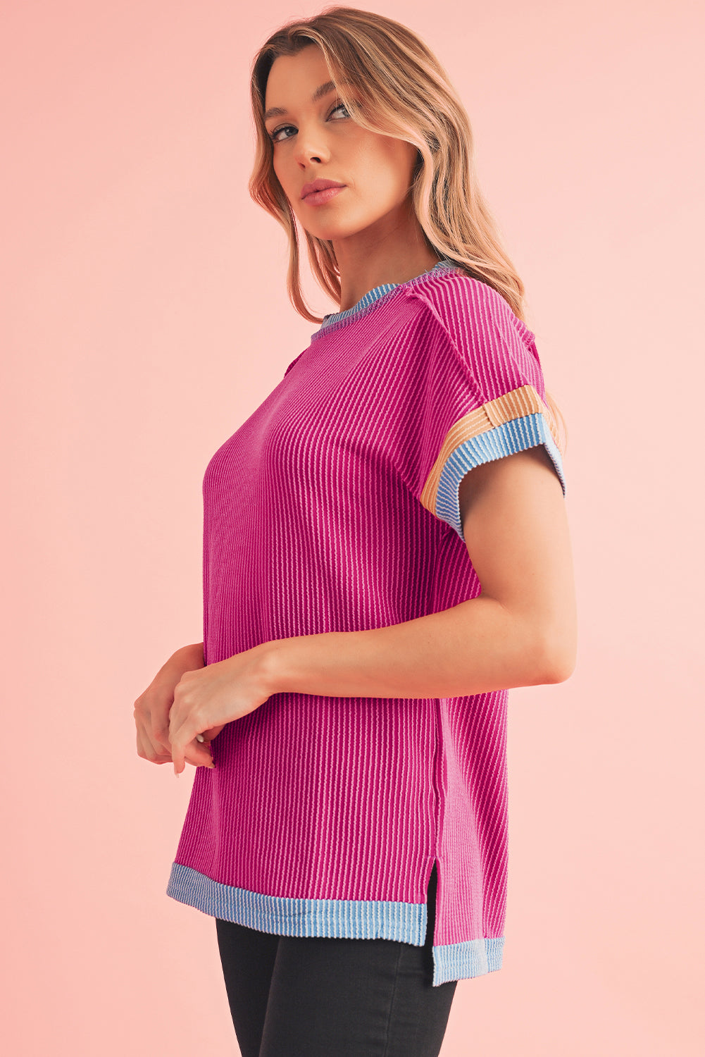 Bright Pink Textured Contrast Color Round Neck T Shirt – Shewin | ClozArt