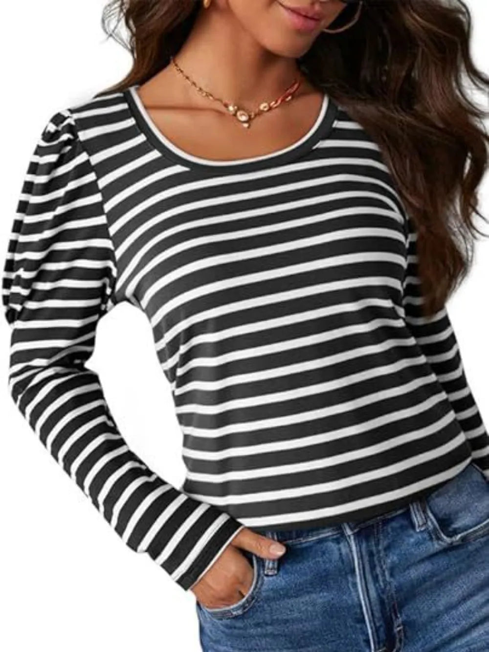 Striped Round Neck Long Sleeve T-Shirt – Trendsi | ClozArt