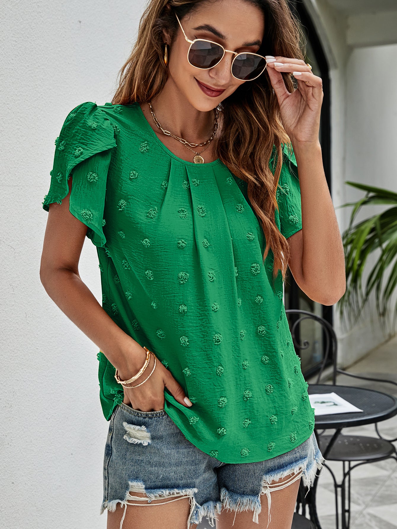 Swiss Dot Round Neck Petal Sleeve Top – Trendsi | ClozArt