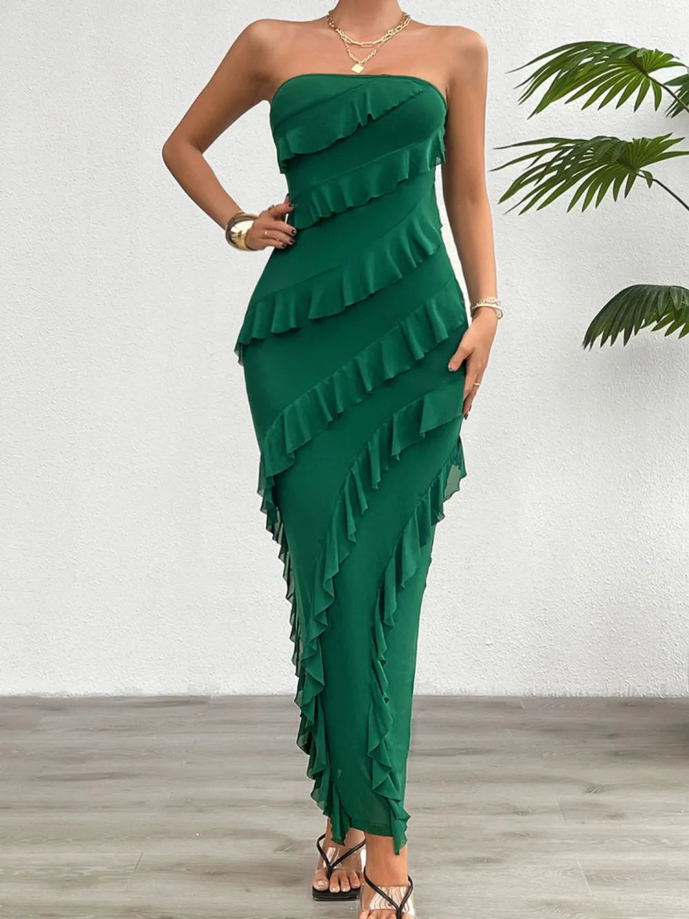 Devine Ruffled Slit Back Tube Maxi Dress – Trendsi | ClozArt