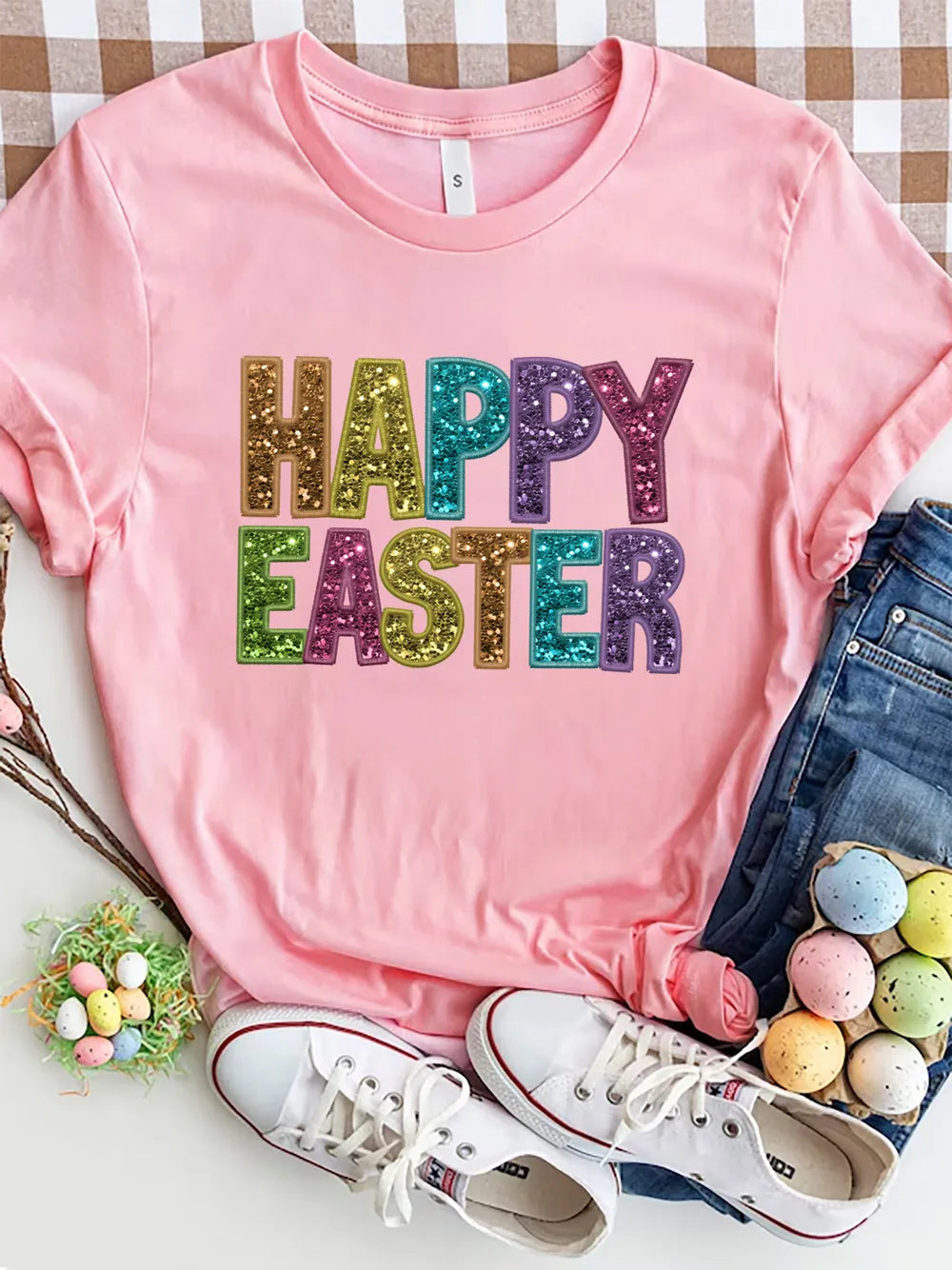 HAPPY EASTER Round Neck Short Sleeve T-Shirt – Trendsi | ClozArt