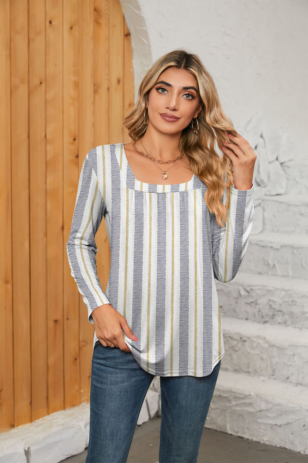Printed Square Neck Long Sleeve Blouse – Trendsi | ClozArt