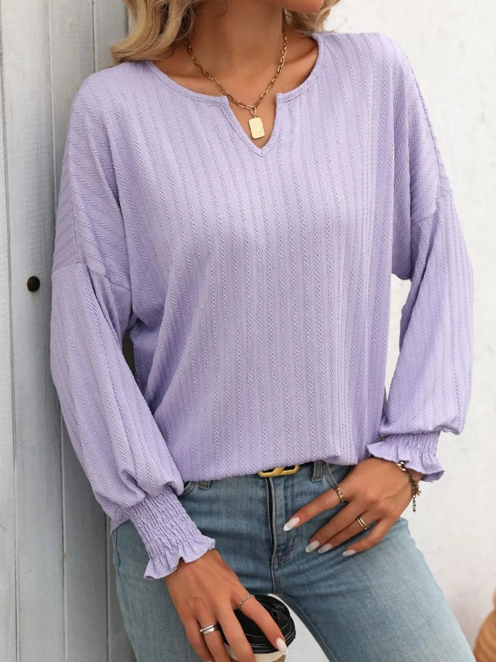 Mandy Textured Notched Lantern Sleeve T-Shirt – Trendsi | ClozArt