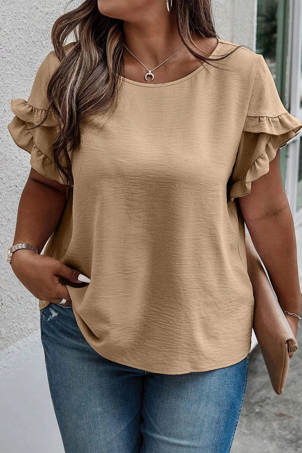 Plus Size Ruffled Petal Sleeve Round Neck T-Shirt – Trendsi | ClozArt
