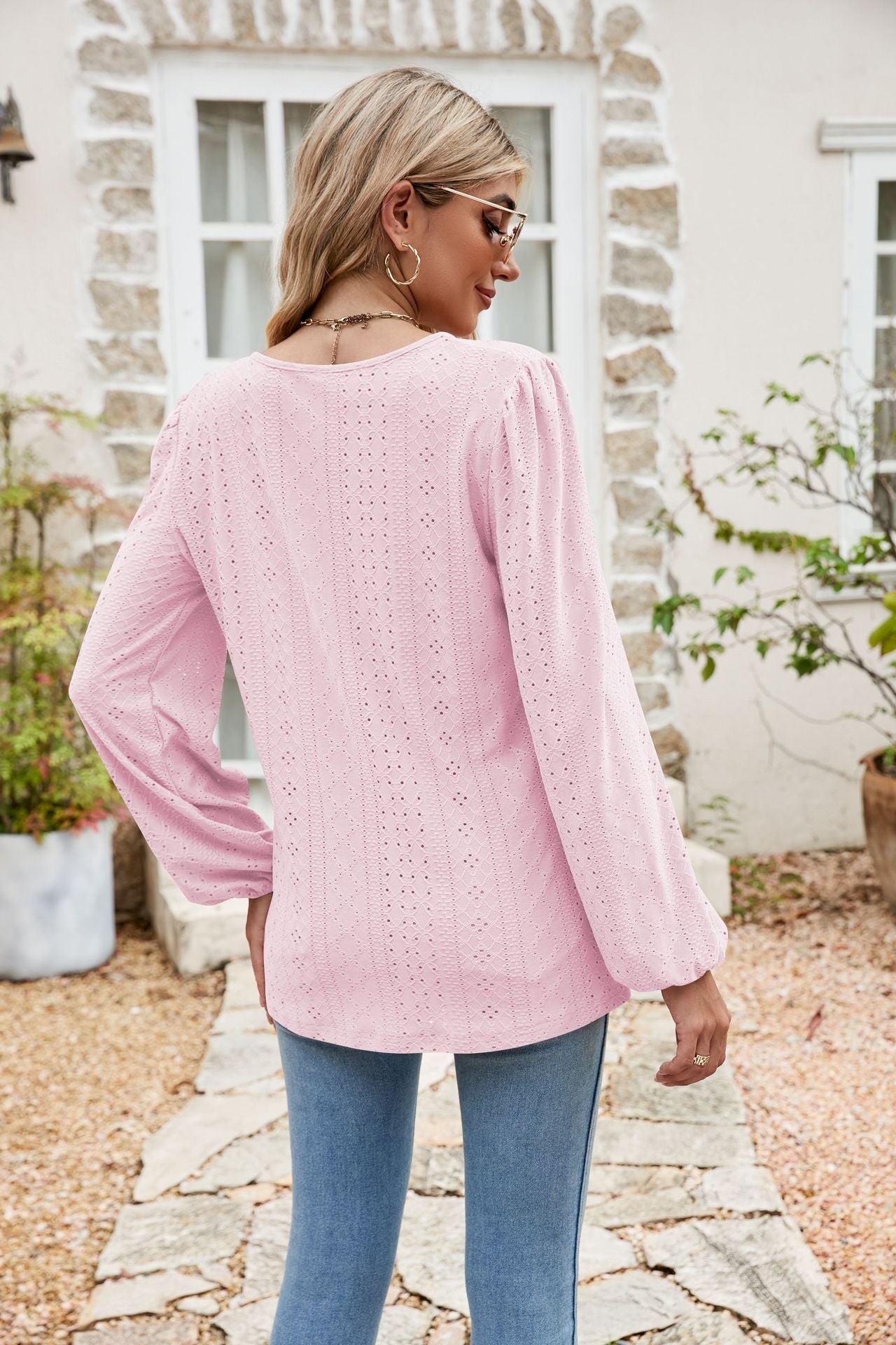 Eyelet Notched Neck Balloon Sleeve Blouse – Trendsi | ClozArt