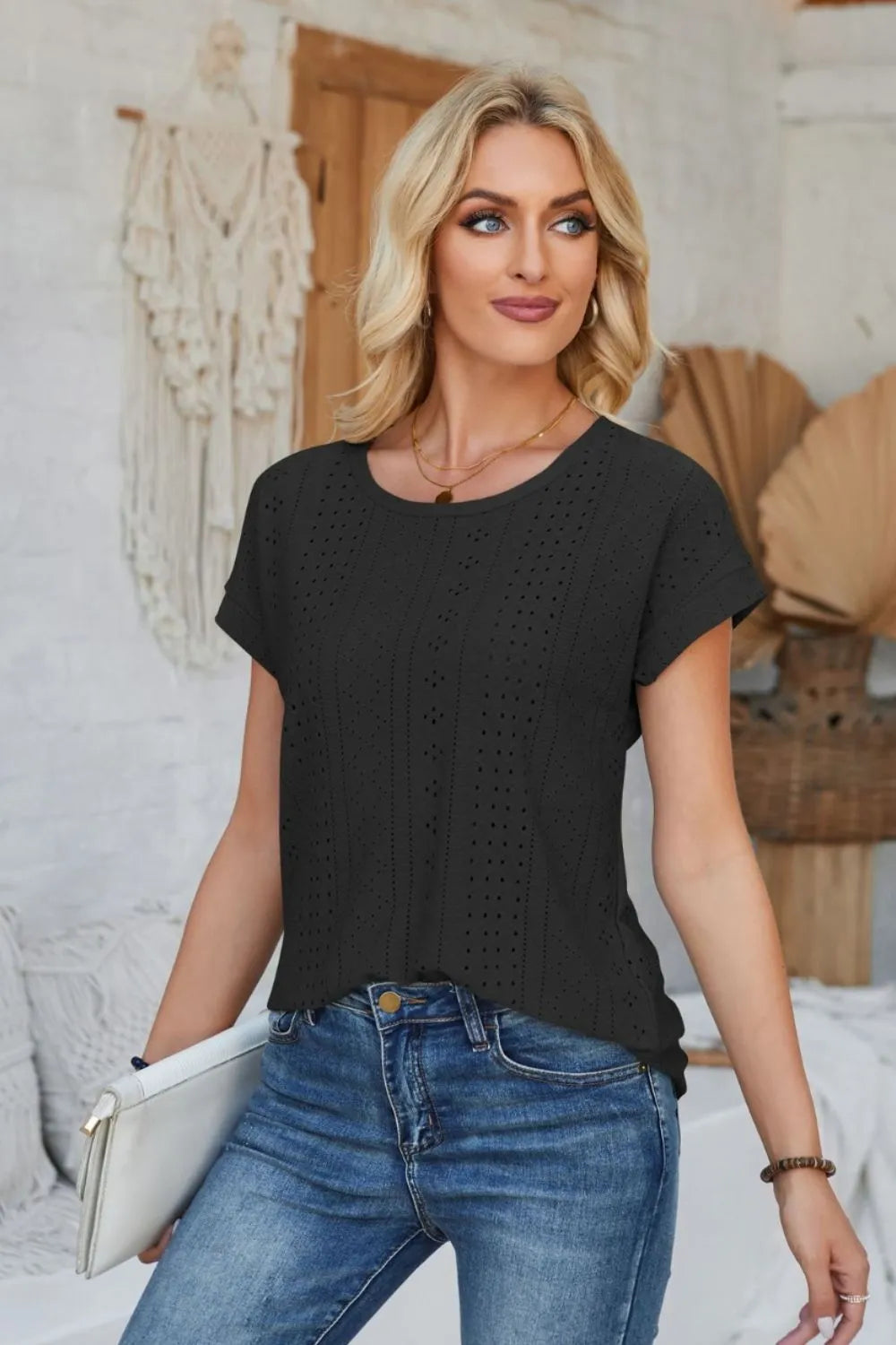 Eyelet Round Neck Rolled Short Sleeve T-Shirt – Trendsi | ClozArt