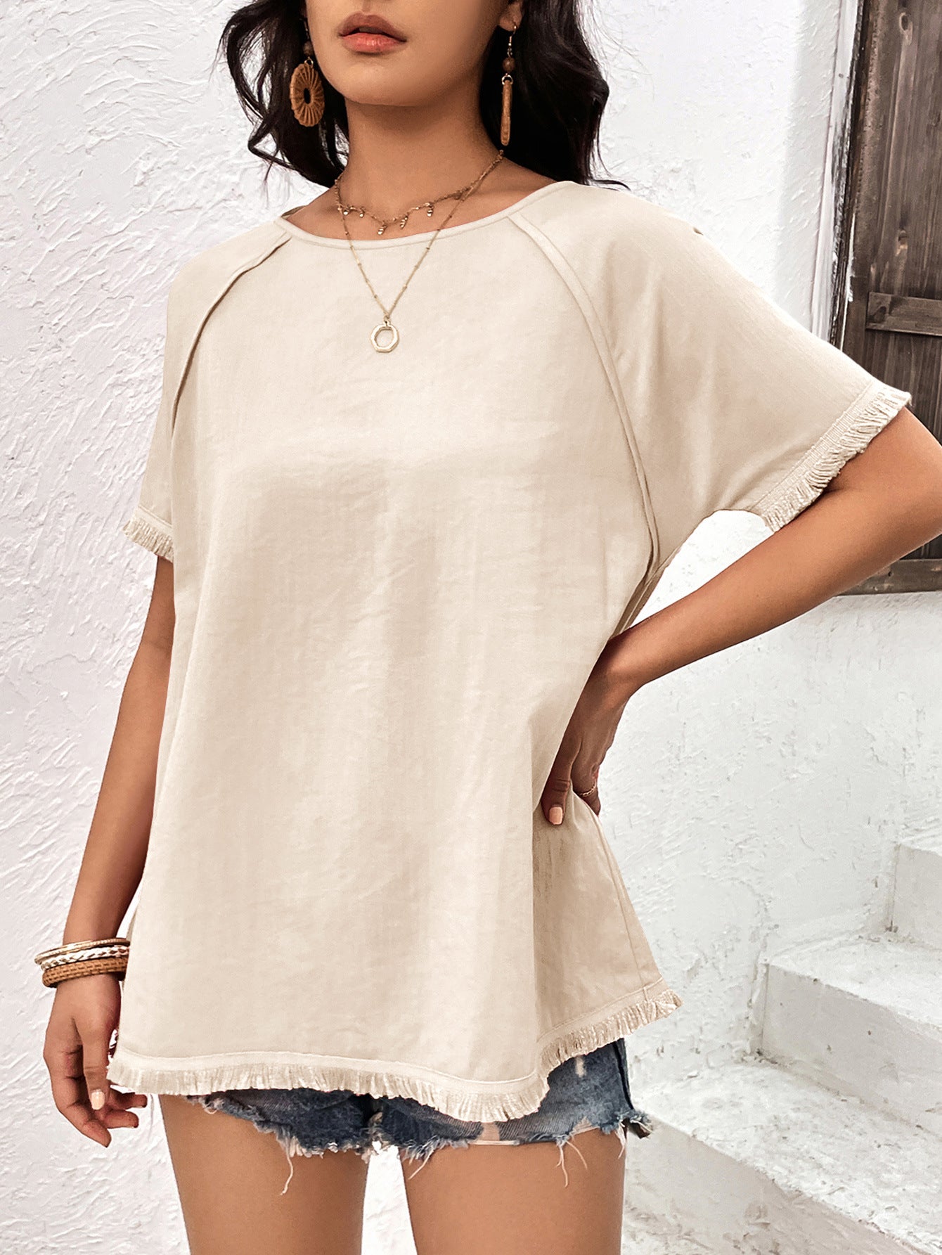 Ivy Lane Round Neck Raglan Sleeve Fringe Detail Top – Trendsi | ClozArt