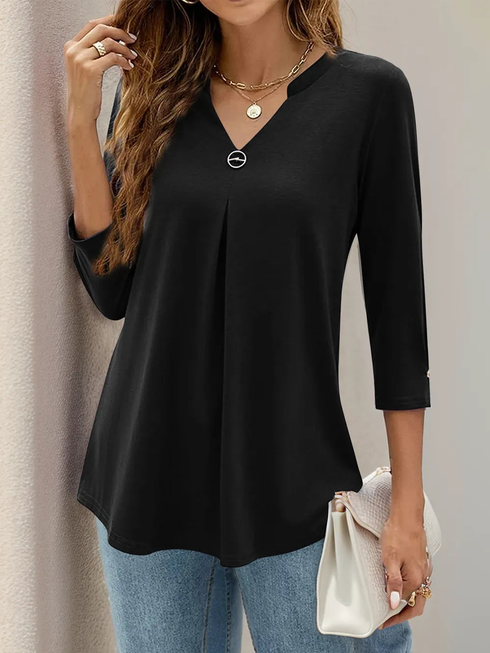 Notched Three-Quarter Sleeve T-Shirt – Trendsi | ClozArt