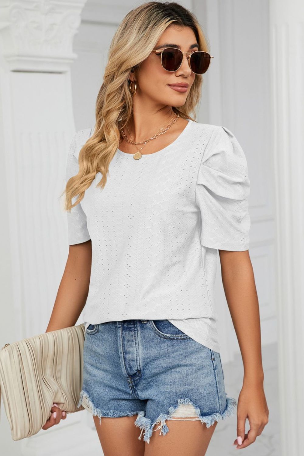 Eyelet Puff Sleeve Round Neck Blouse – Trendsi | ClozArt