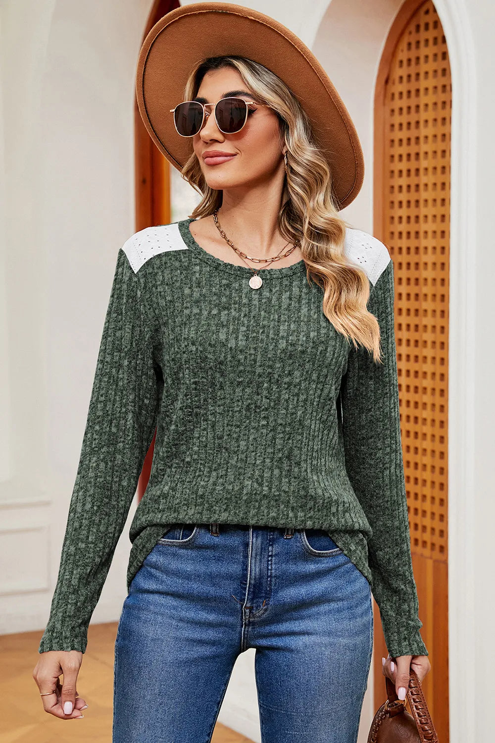 Eyelet Ribbed Round Neck Long Sleeve T-Shirt – Trendsi | ClozArt