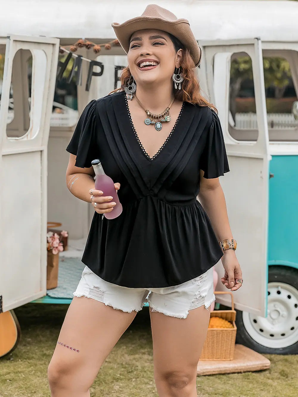 Plus Size V-Neck Flutter Sleeve Blouse – Trendsi | ClozArt