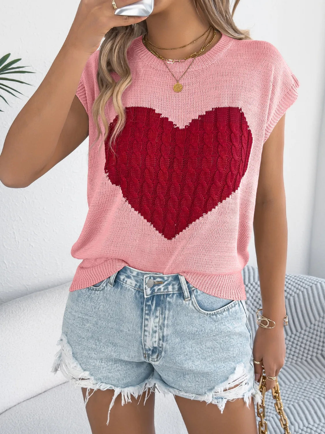 Cable Knit Heart Round Neck Cap Sleeve Knit Top – Trendsi | ClozArt