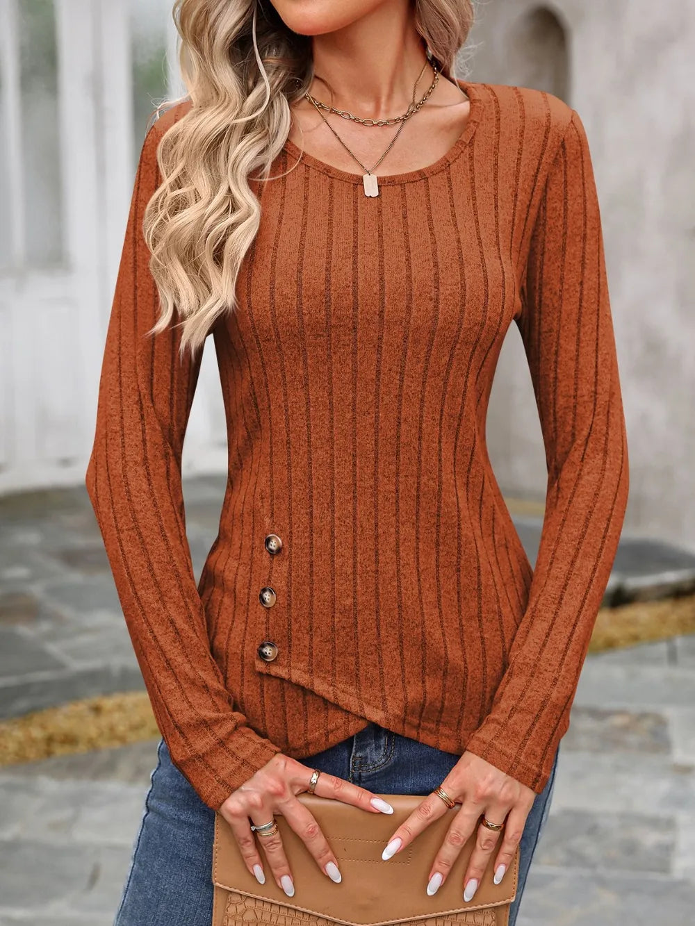 Decorative Button Round Neck Long Sleeve T-Shirt – Trendsi | ClozArt