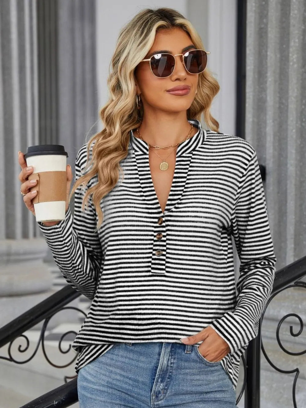 Striped Notched Long Sleeve T-Shirt – Trendsi | ClozArt