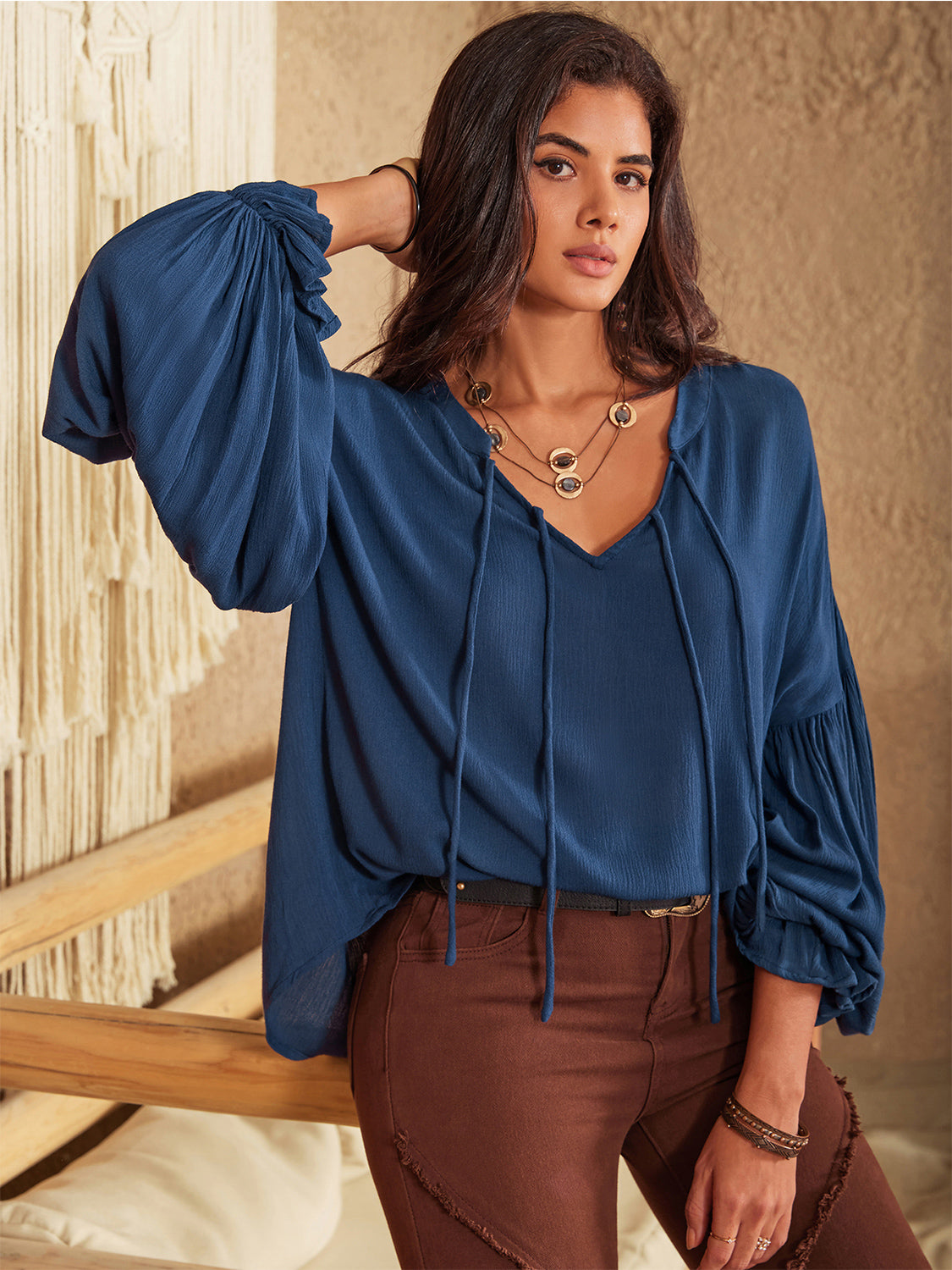 Tie Neck Long Sleeve Blouse – Trendsi | ClozArt