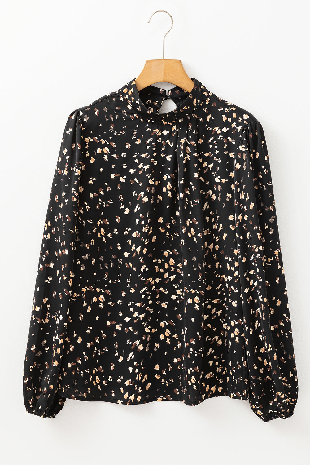 Black Leopard Print Puff Sleeve Mock Neck Pleated Blouse – Shewin | ClozArt