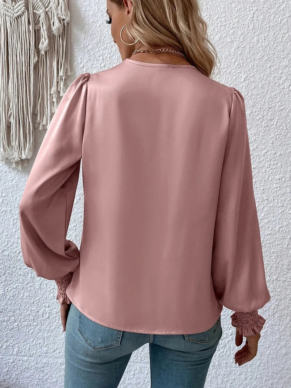Surplice Smocked Lantern Sleeve Blouse – Trendsi | ClozArt