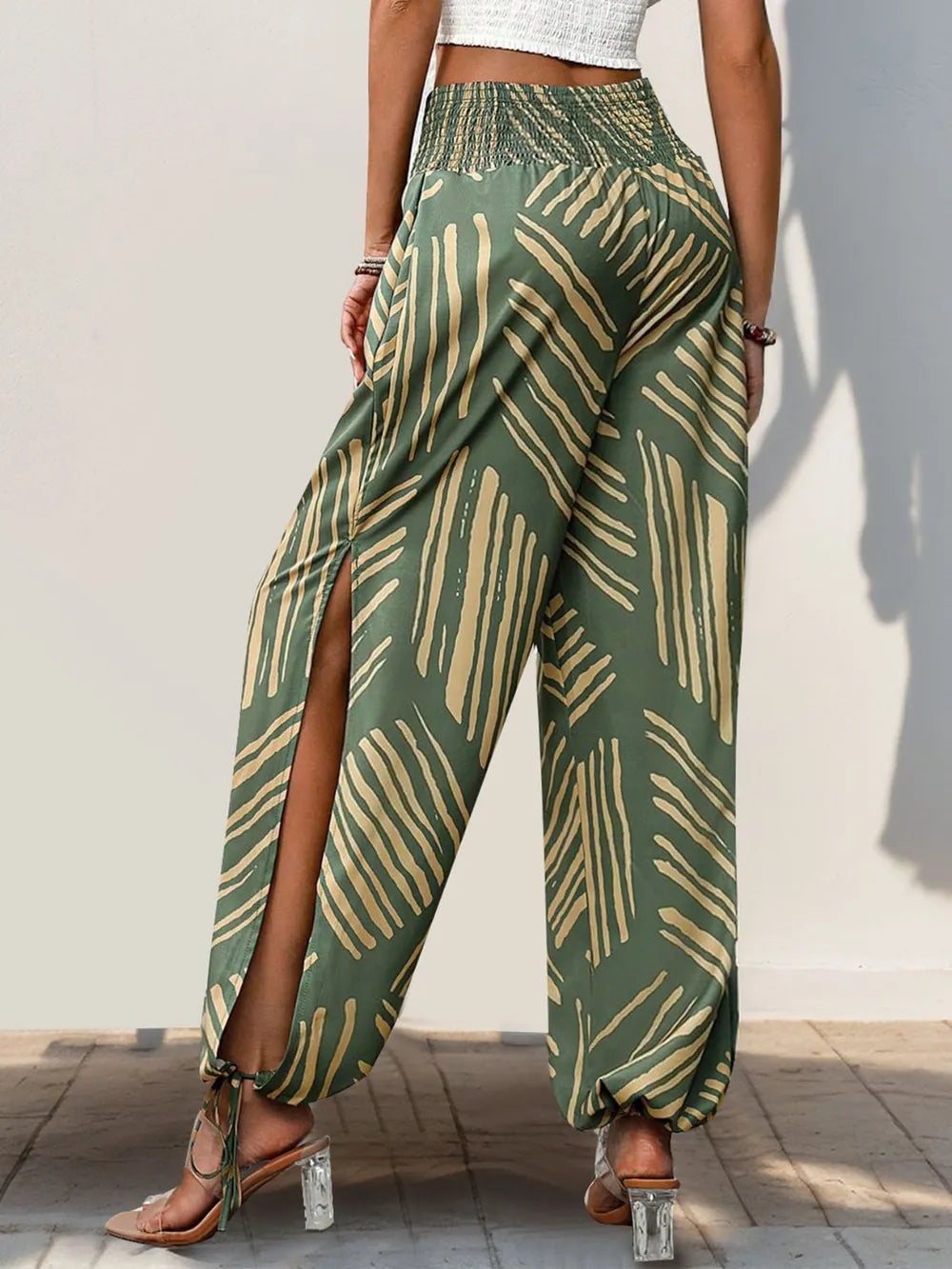 Perfee Smocked Slit Printed High Waist Pants – Trendsi | ClozArt