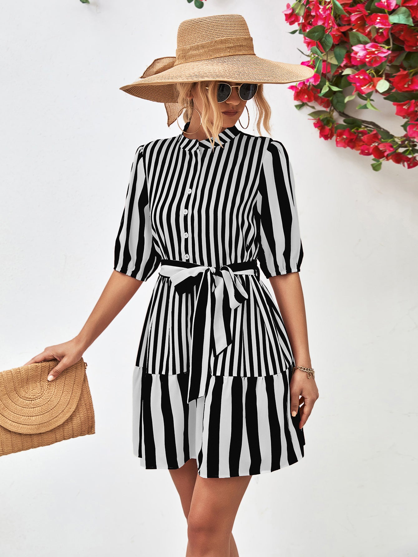 Striped Half Sleeve Tie Waist Mini Dress – Trendsi | ClozArt
