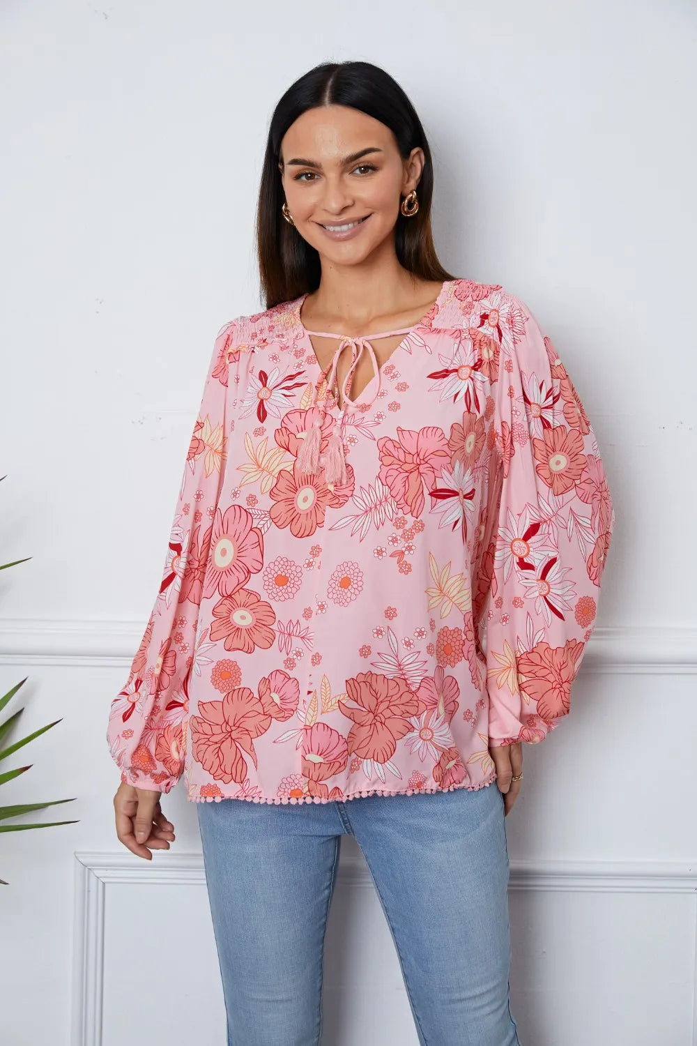 Floral Smocked Tassel Tie Balloon Sleeve Blouse – Trendsi | ClozArt