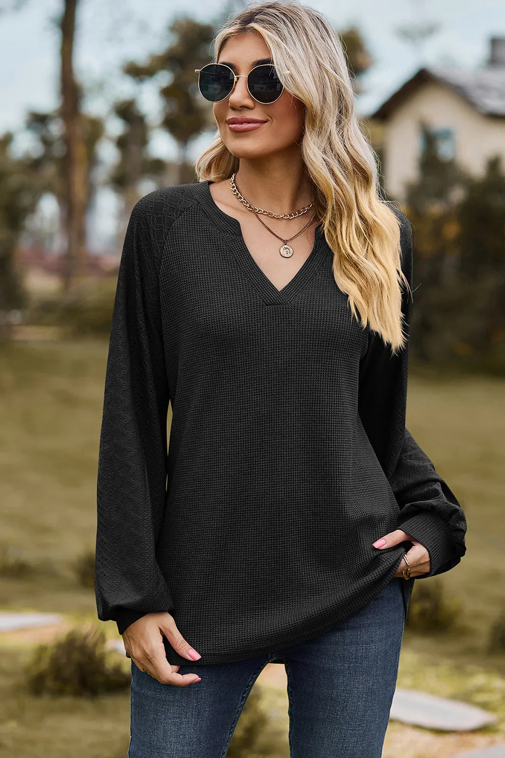 Eyelet Notched Raglan Sleeve T-Shirt – Trendsi | ClozArt