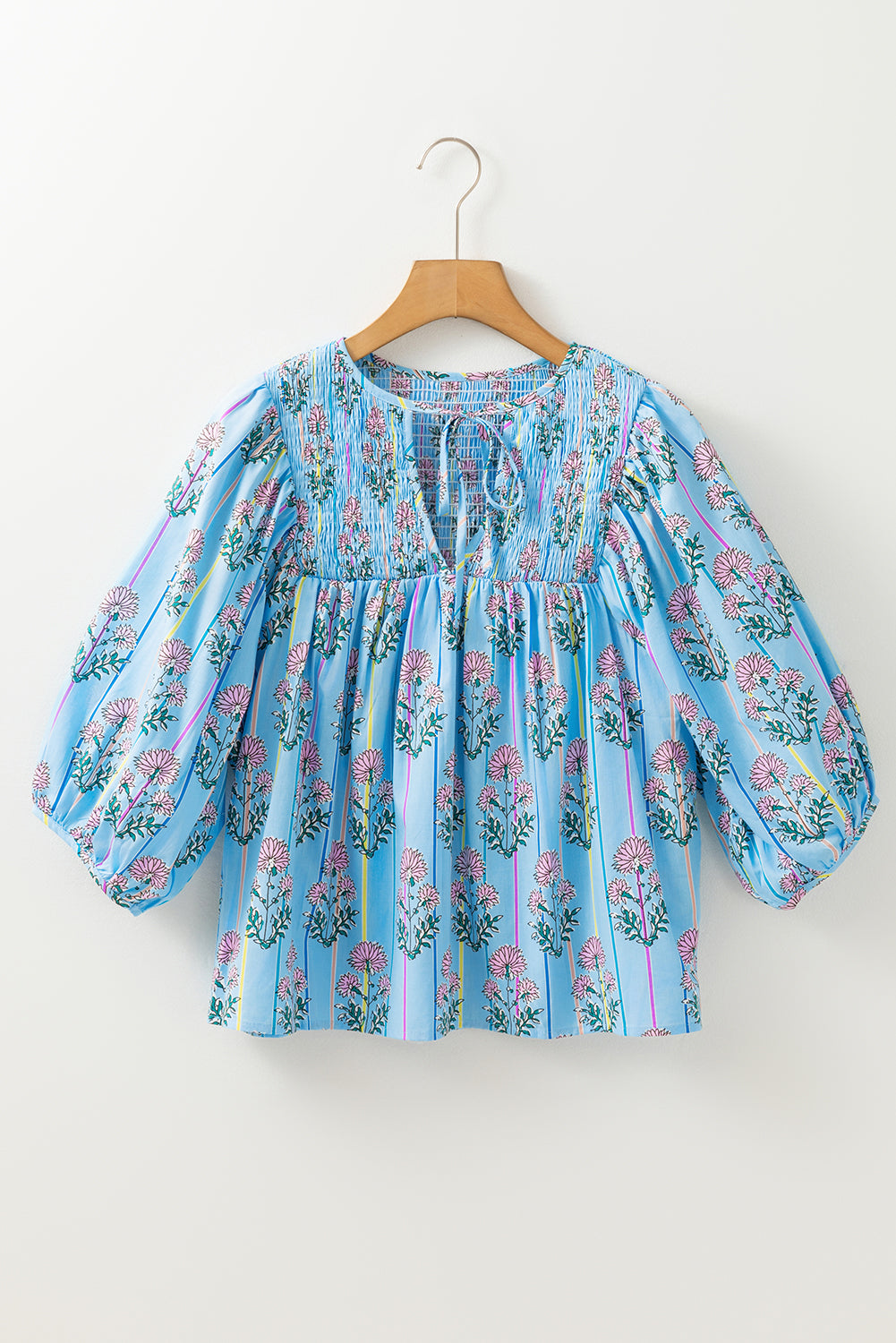Sky Blue Floral Striped Smocked V Neck Blouse – Shewin | ClozArt
