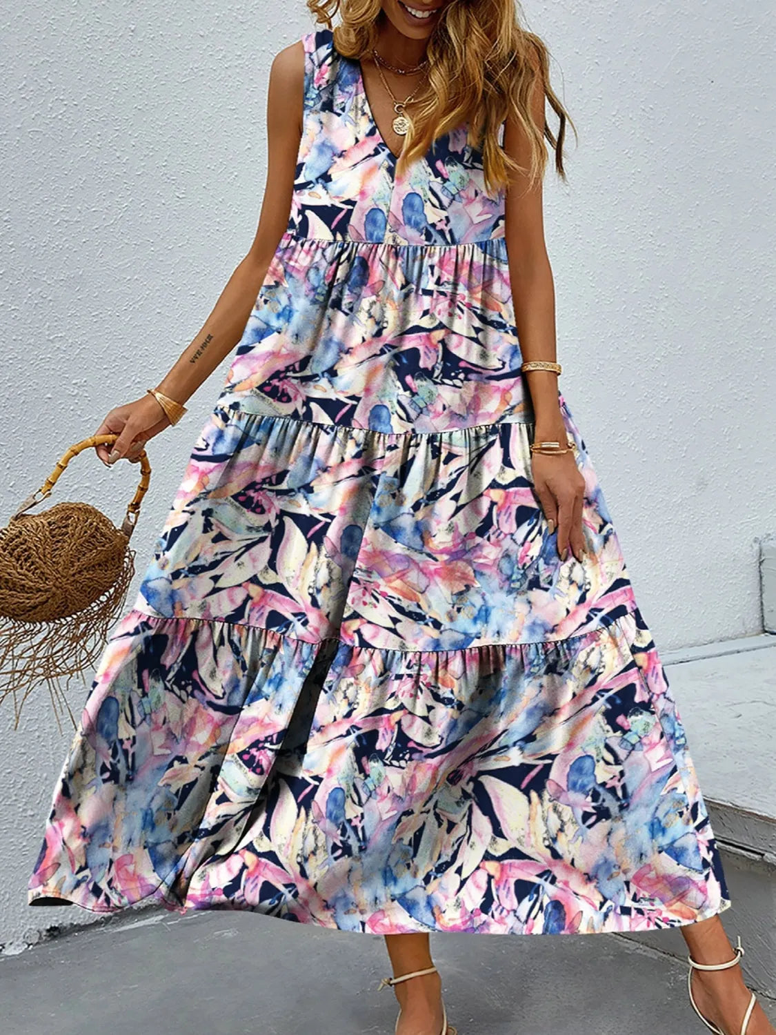 Printed V-Neck Tiered Maxi Tank Dress – Trendsi | ClozArt