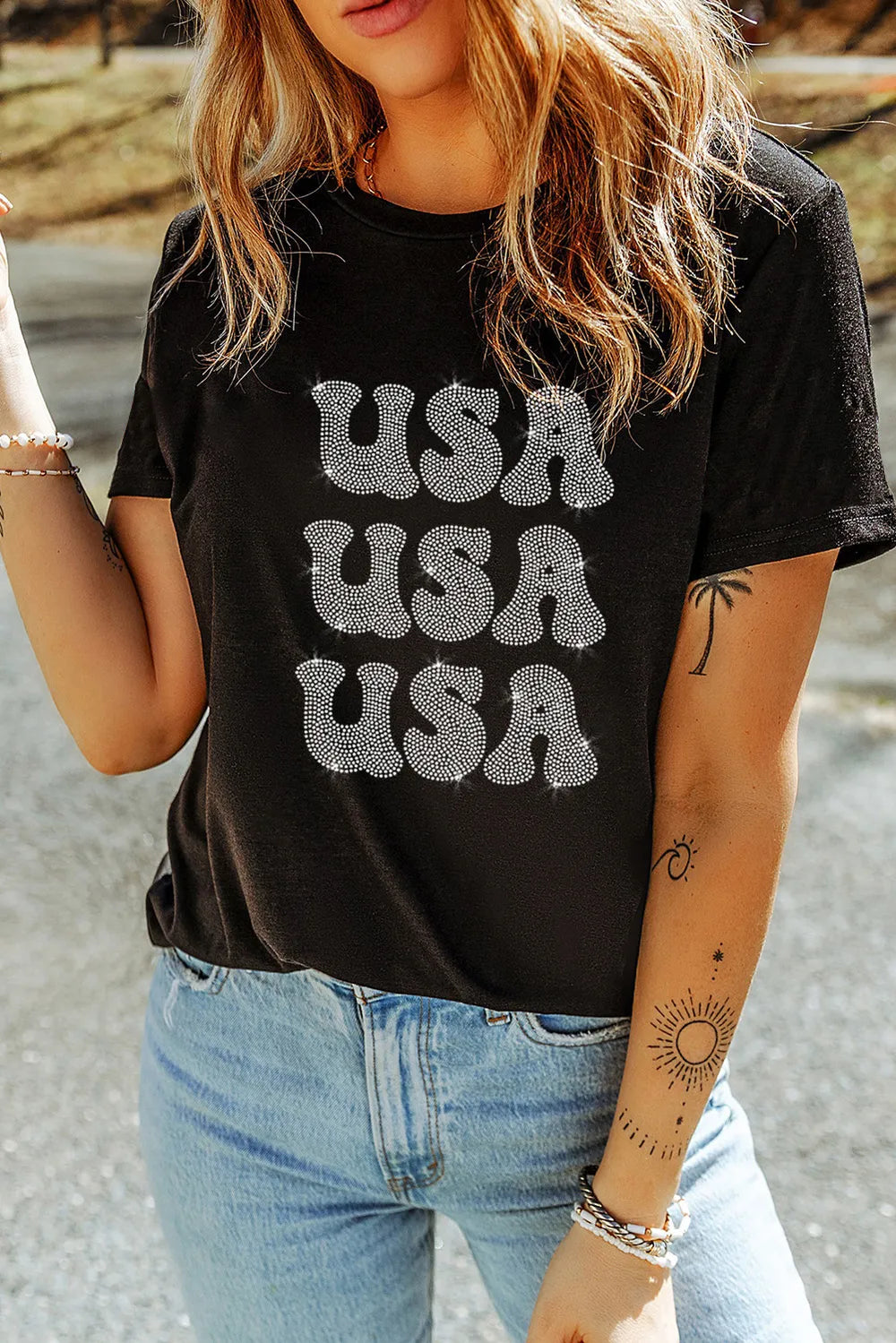 USA Rhinestone Round Neck Short Sleeve T-Shirt – Trendsi | ClozArt