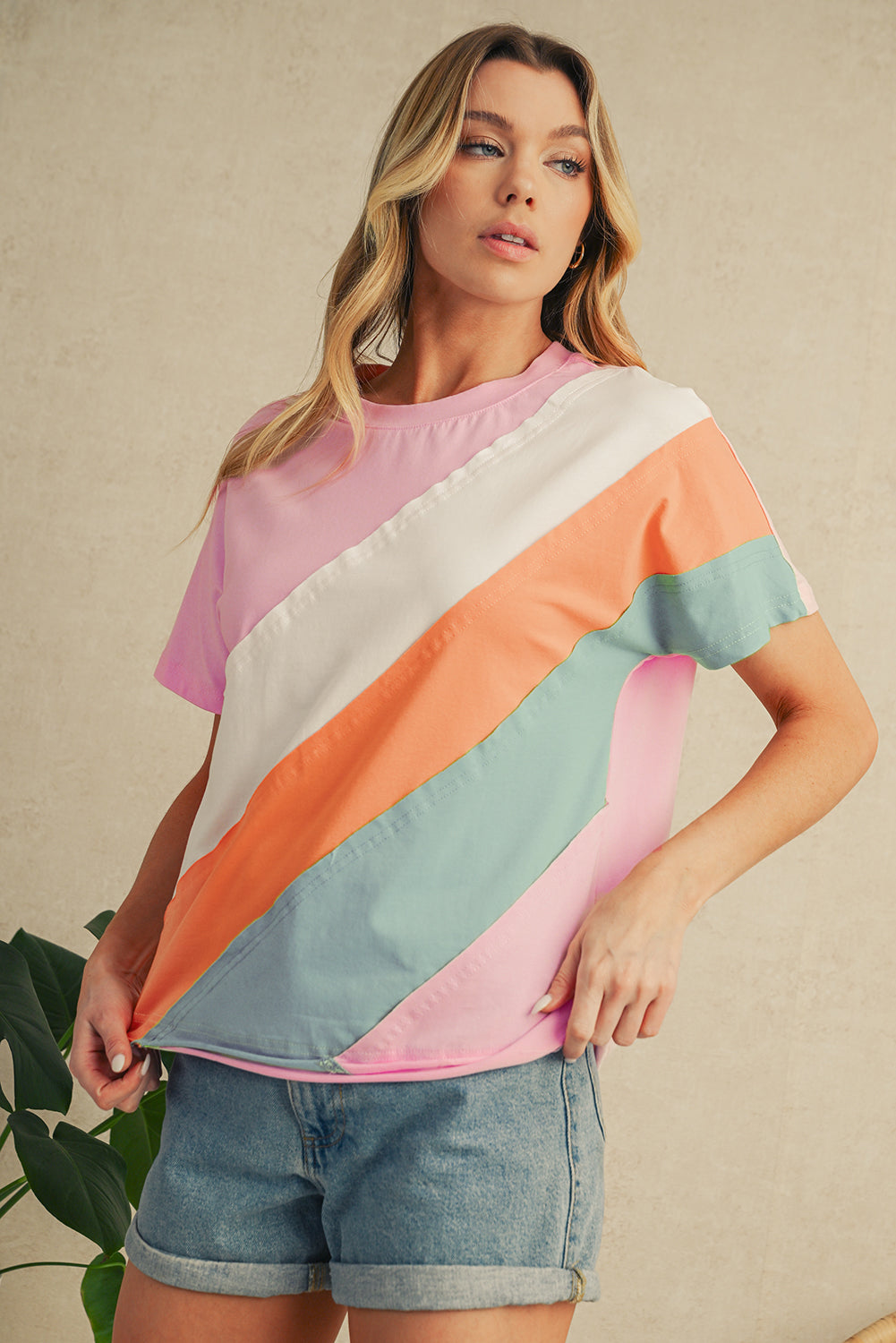 Pink Color Block Patchwork Seamed Crewneck T Shirt – Shewin | ClozArt