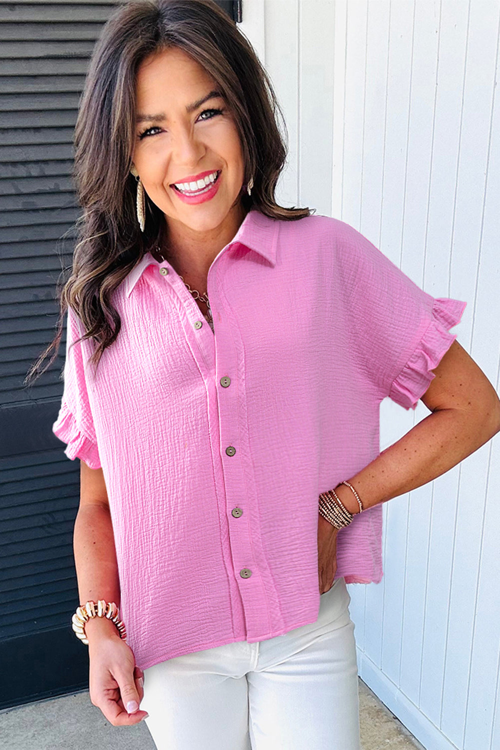 Bonbon Textured Ruffle Trim Short Sleeve Shirt – Shewin | ClozArt