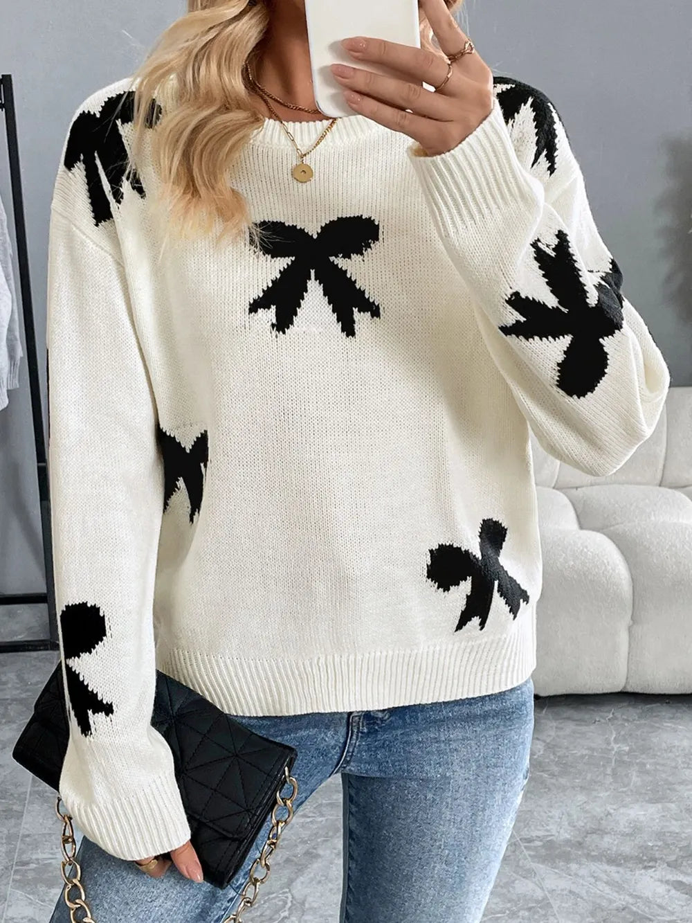 Perfee Bow Graphic Round Neck Long Sleeve Sweater – Trendsi | ClozArt