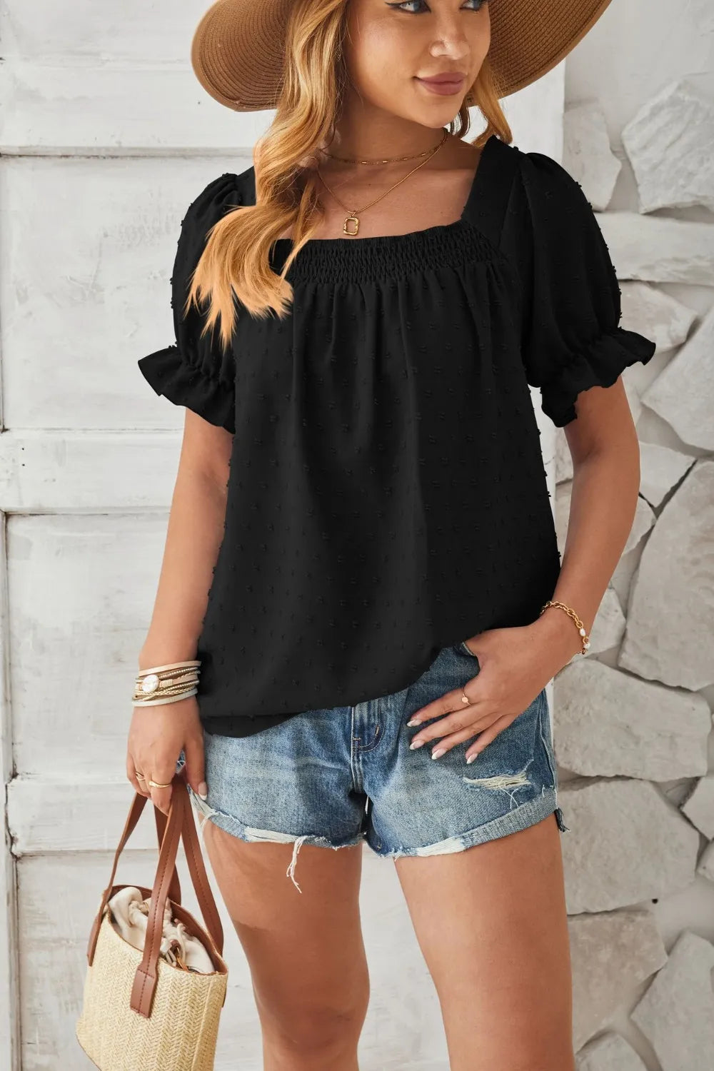 Swiss Dot Smocked Square Neck Short Sleeve T-Shirt – Trendsi | ClozArt