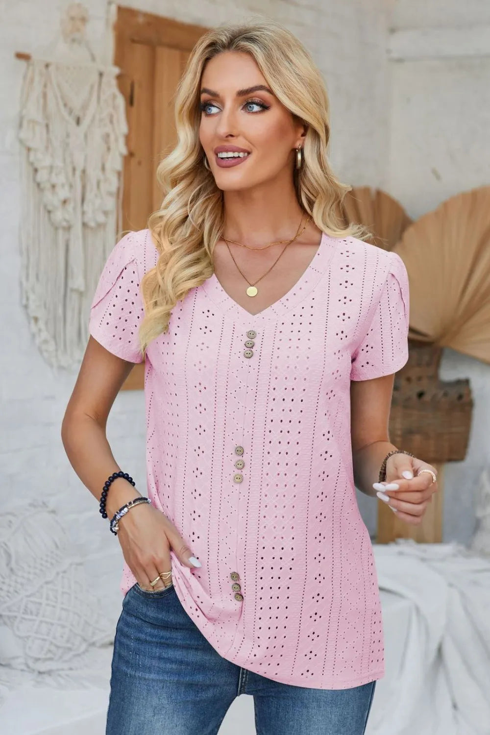 Decorative Button Eyelet V-Neck Short Sleeve T-Shirt – Trendsi | ClozArt