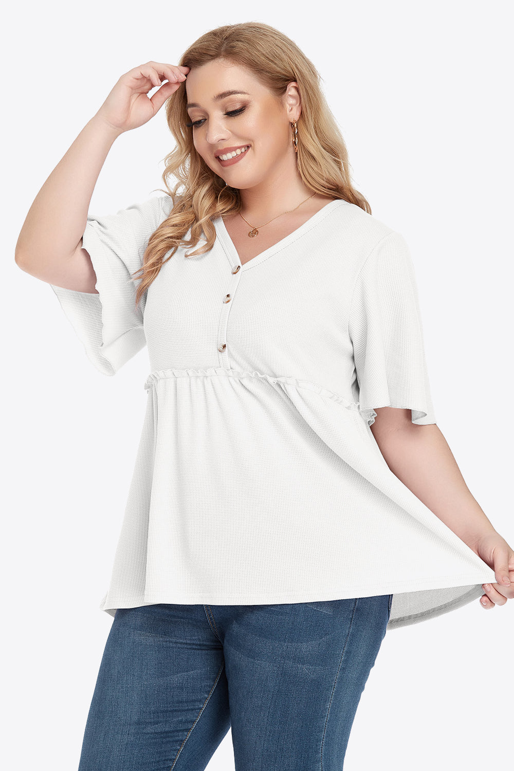 Plus Size Buttoned V-Neck Frill Trim Babydoll Blouse – Trendsi | ClozArt
