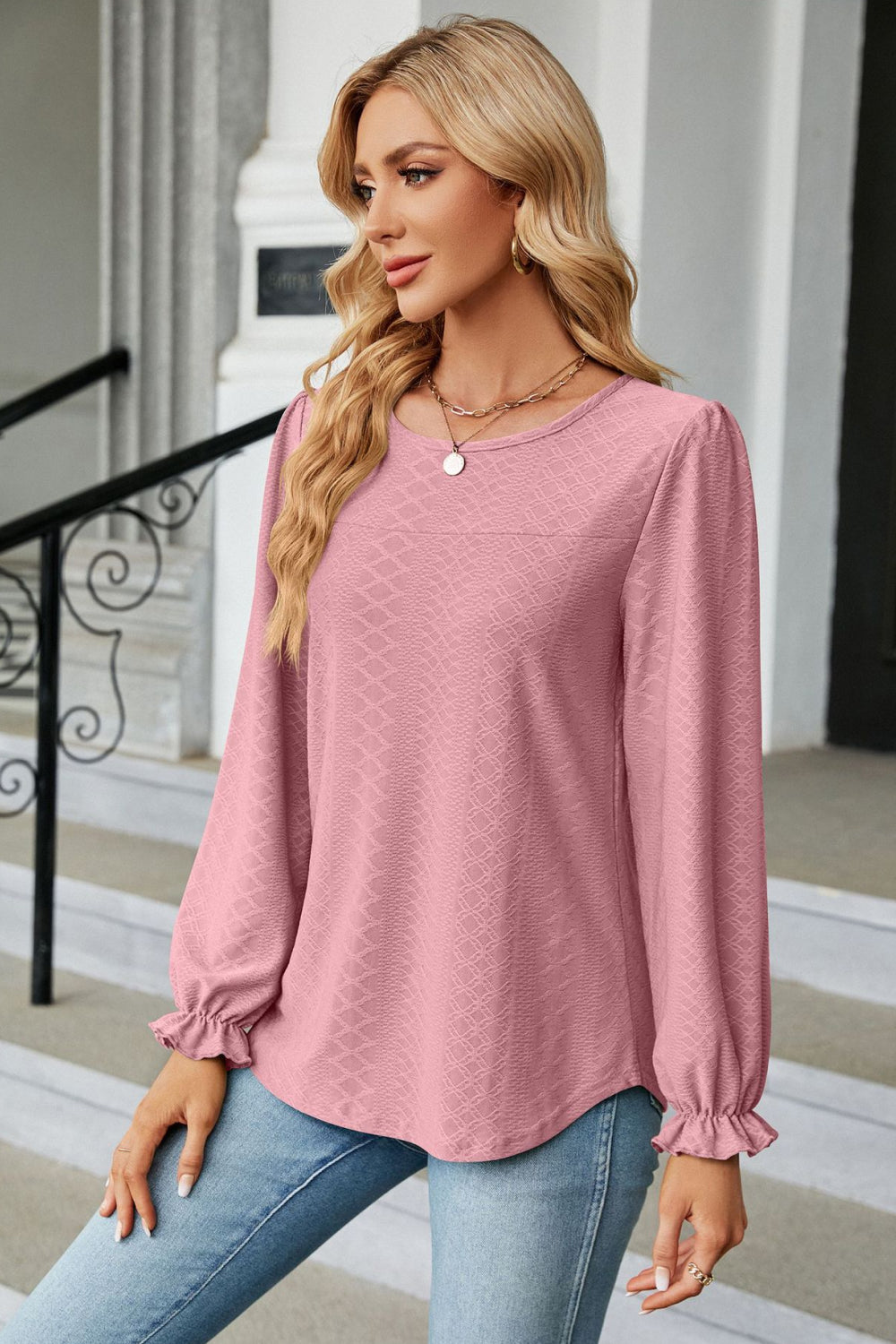 Round Neck Flounce Sleeve Blouse – Trendsi | ClozArt