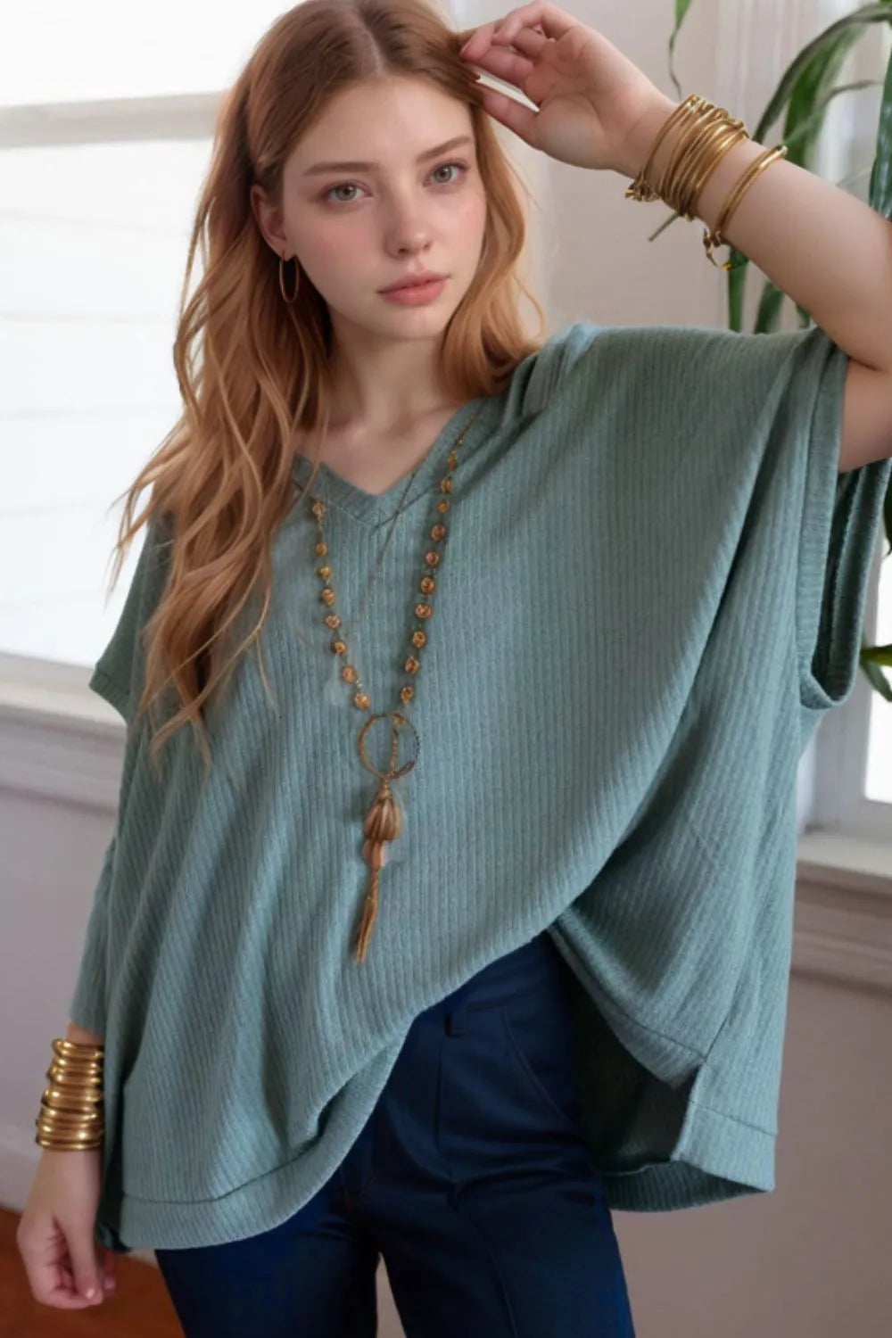 Oversized Ribbed Knit V Neck Dolman Short Sleeve Top – Trendsi | ClozArt