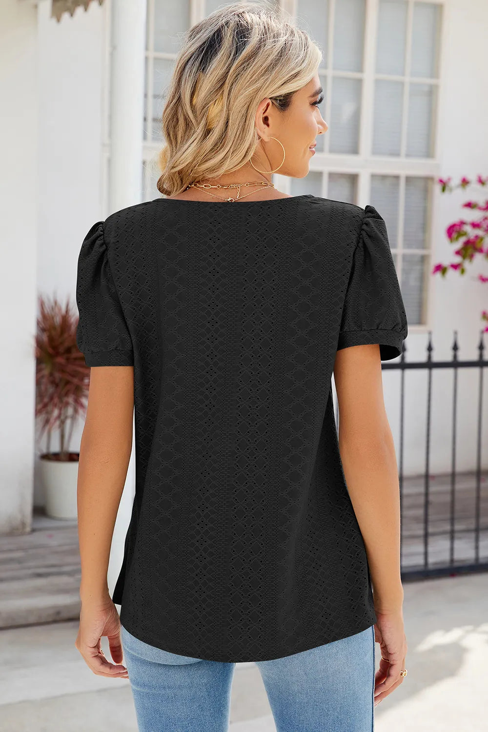 Eyelet Puff Sleeve T-Shirt – Trendsi | ClozArt