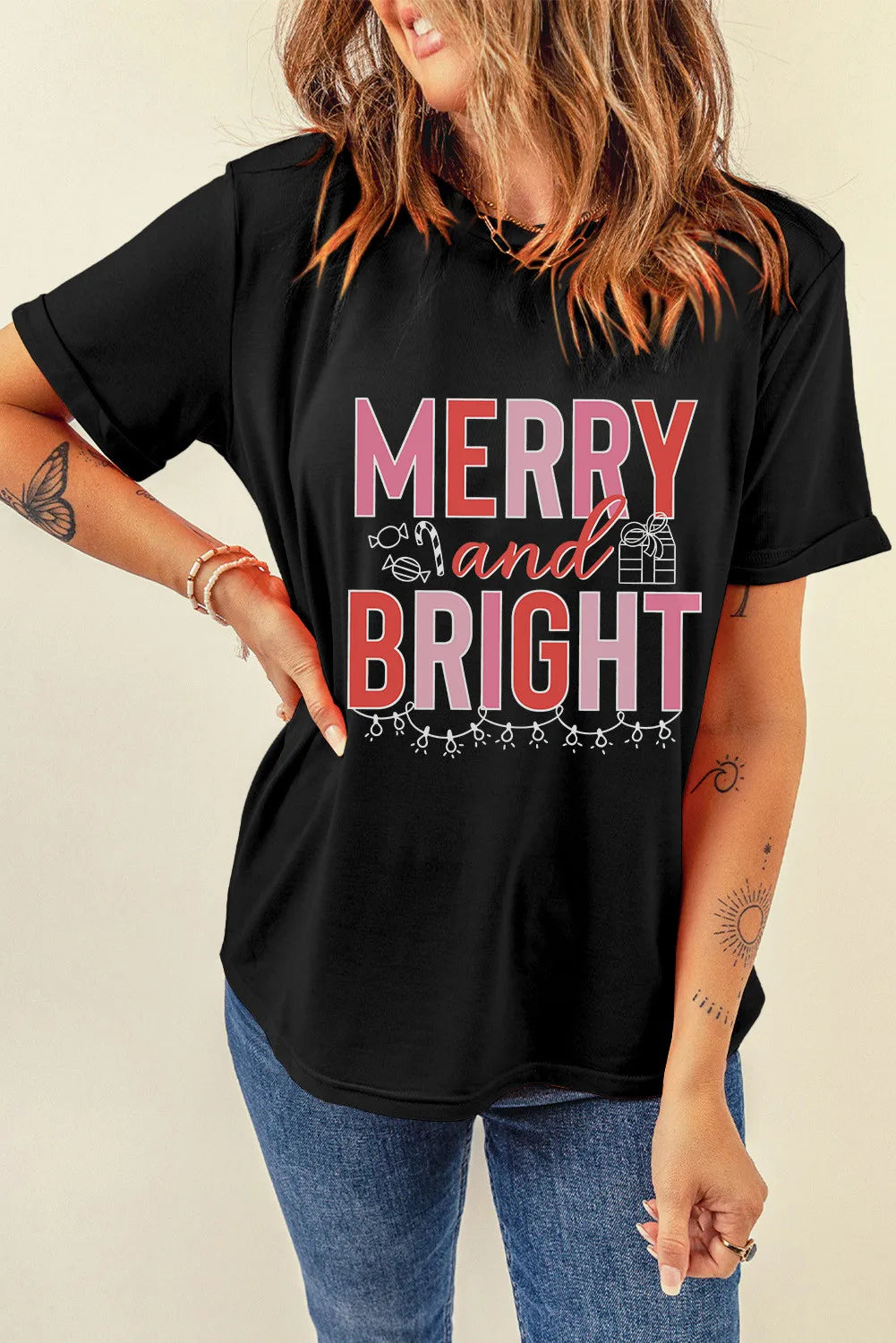 MERRY AND BRIGHT Round Neck Short Sleeve T-Shirt – Trendsi | ClozArt