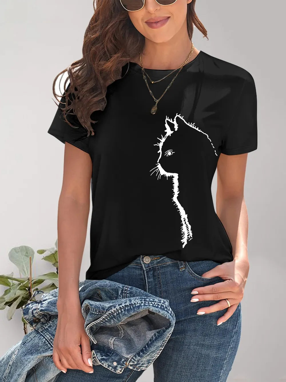 Cat Round Neck Short Sleeve T-Shirt – Trendsi | ClozArt