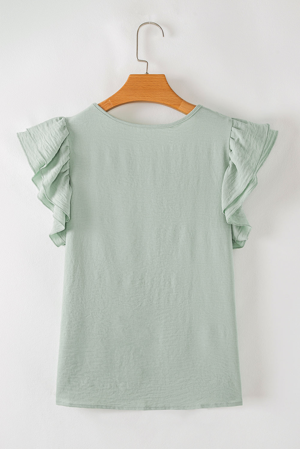Mist Blue Solid Color Ruffle Sleeve Crinkled Blouse – Shewin | ClozArt