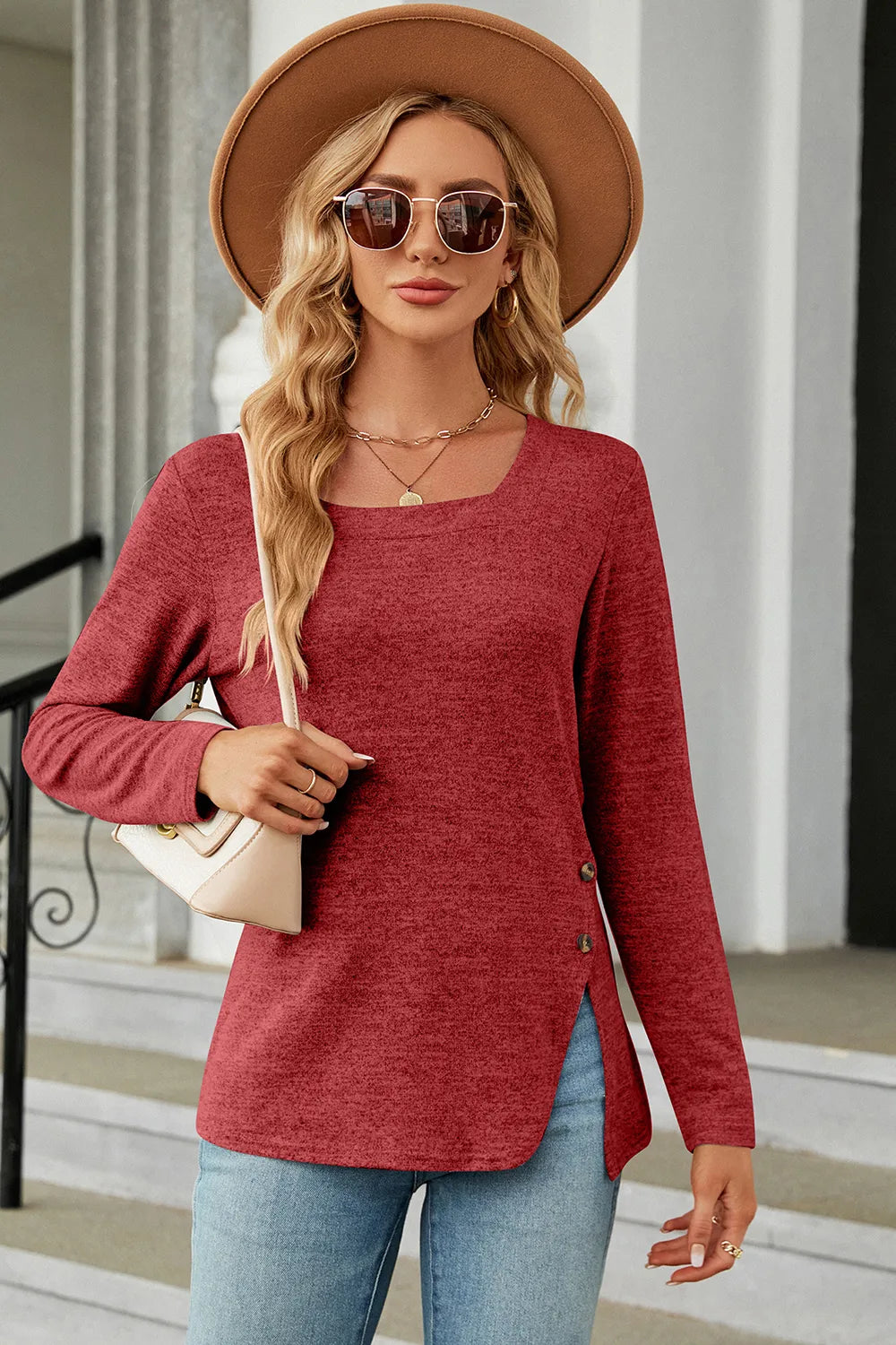 Slit Decorative Button Square Neck T-Shirt – Trendsi | ClozArt