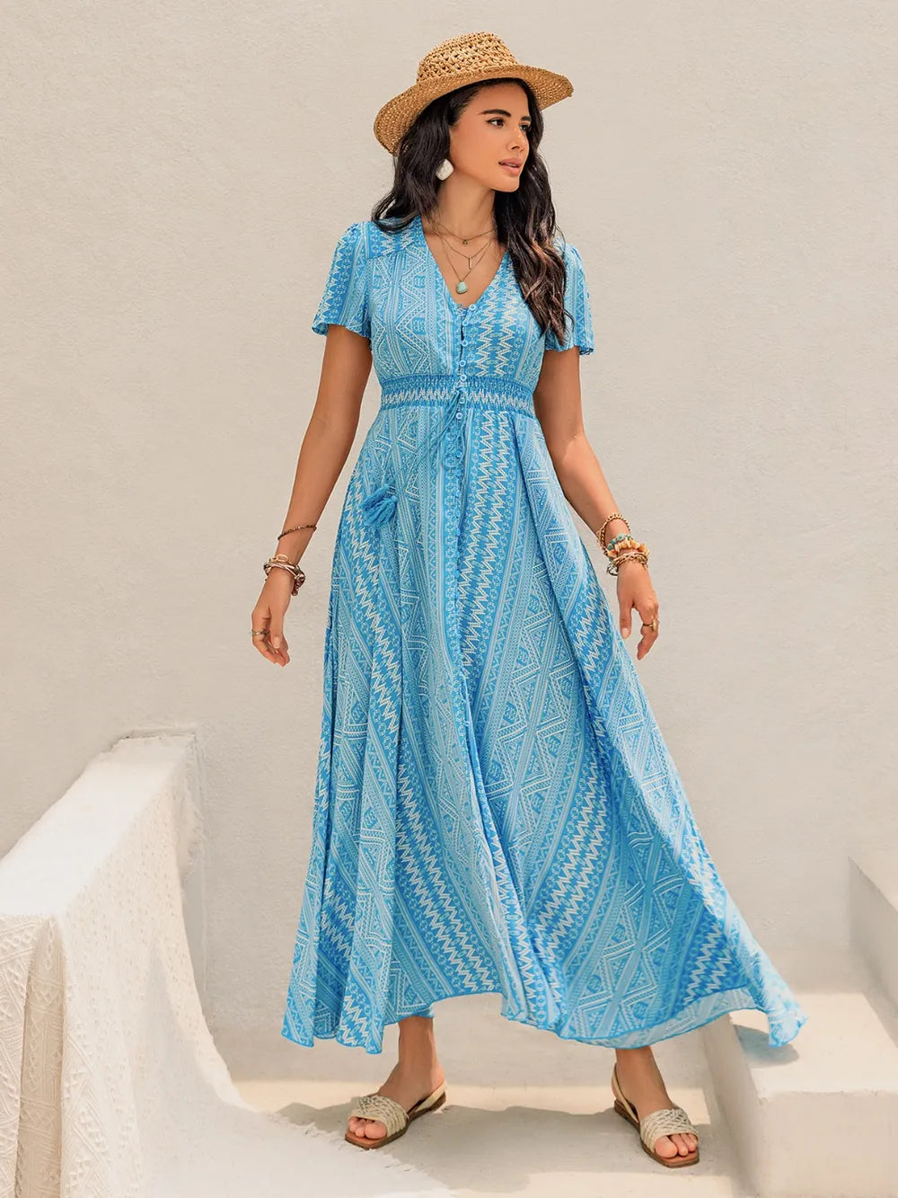 Printed Button Down Short Sleeve Maxi Dress – Trendsi | ClozArt