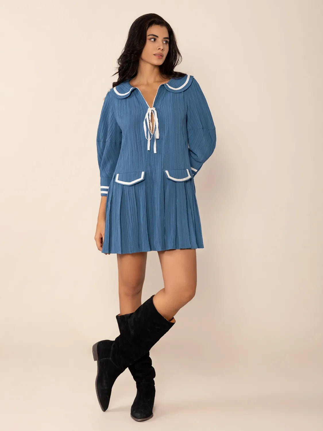 Tie Front Pleated Three-Quarter Sleeve Mini Dress – Trendsi | ClozArt