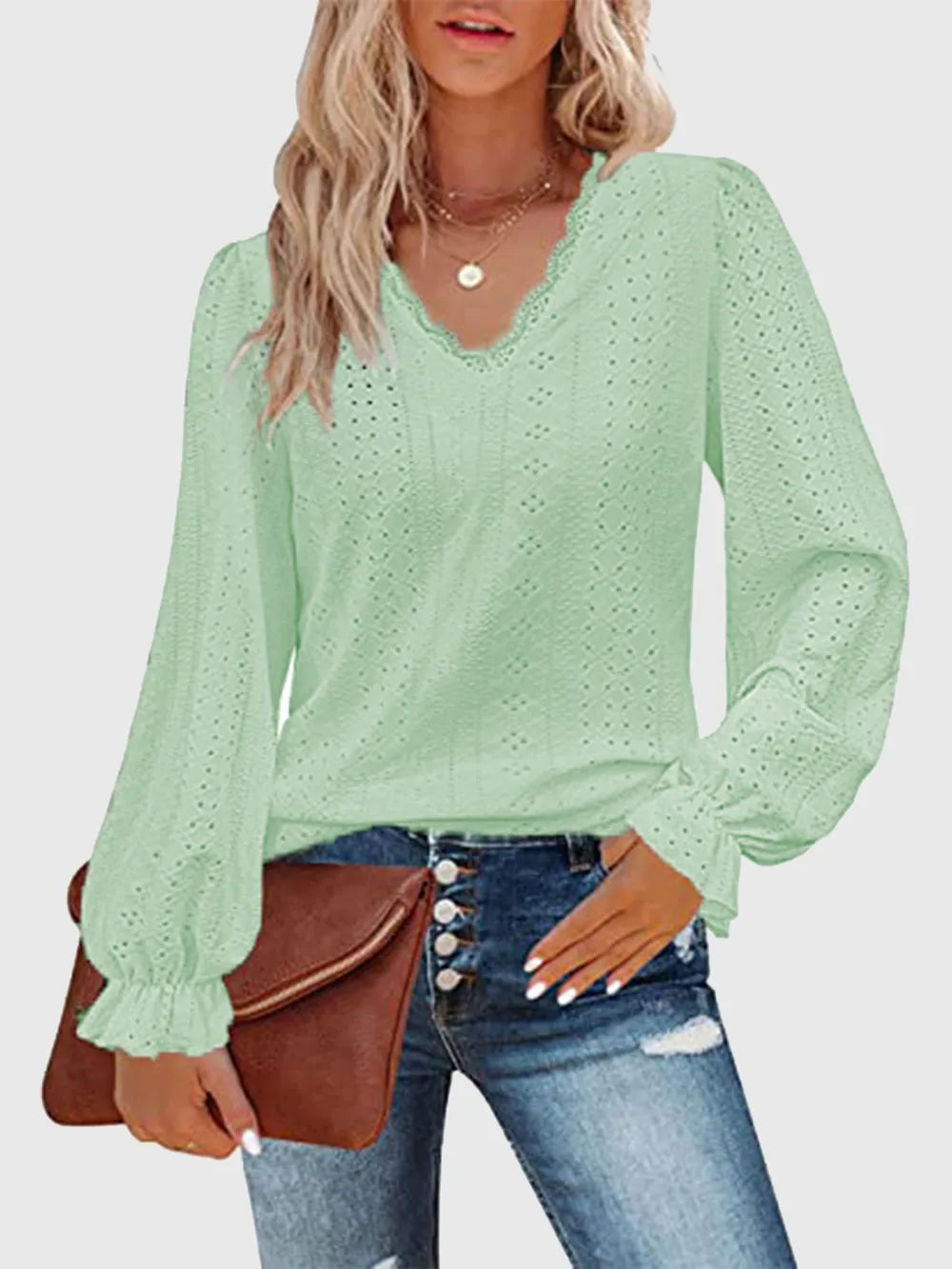 Eyelet V-Neck Flounce Sleeve Blouse – Trendsi | ClozArt