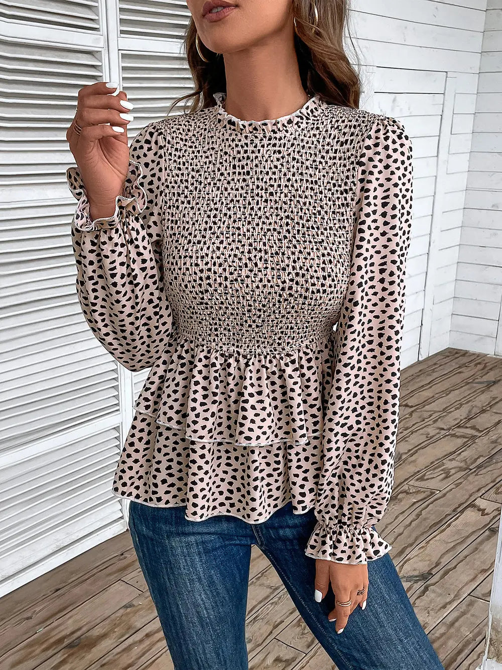 Perfee Printed Round Neck Smocked Flounce Sleeve T-Shirt – Trendsi | ClozArt